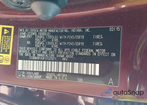 2015 Toyota Highlander Limited/Ltd Platinum из США, поврежденный, VIN 5TDDKRFH3FS137971